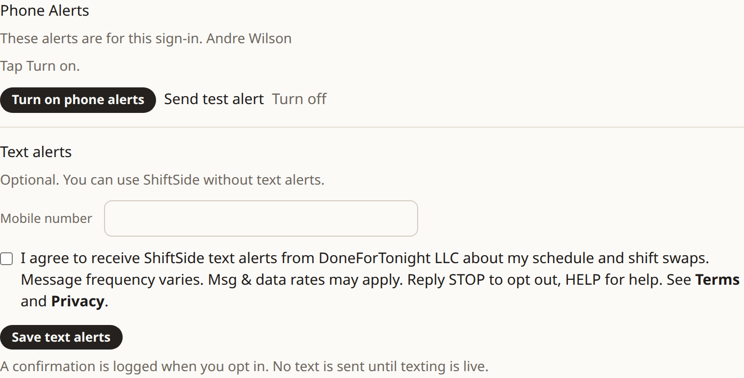ShiftSide Settings, Phone Alerts, with the text-alert consent box unchecked